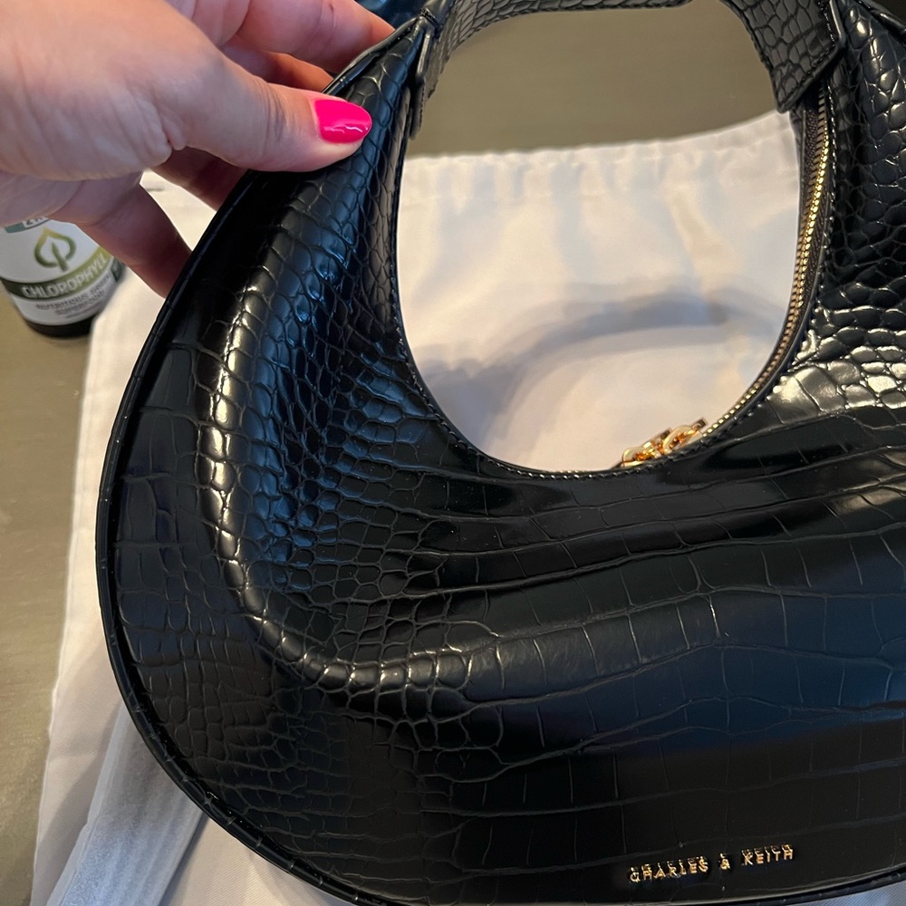 Charles & Keith -  Croc-Effect Moon Bag - Black (NOT MINI)